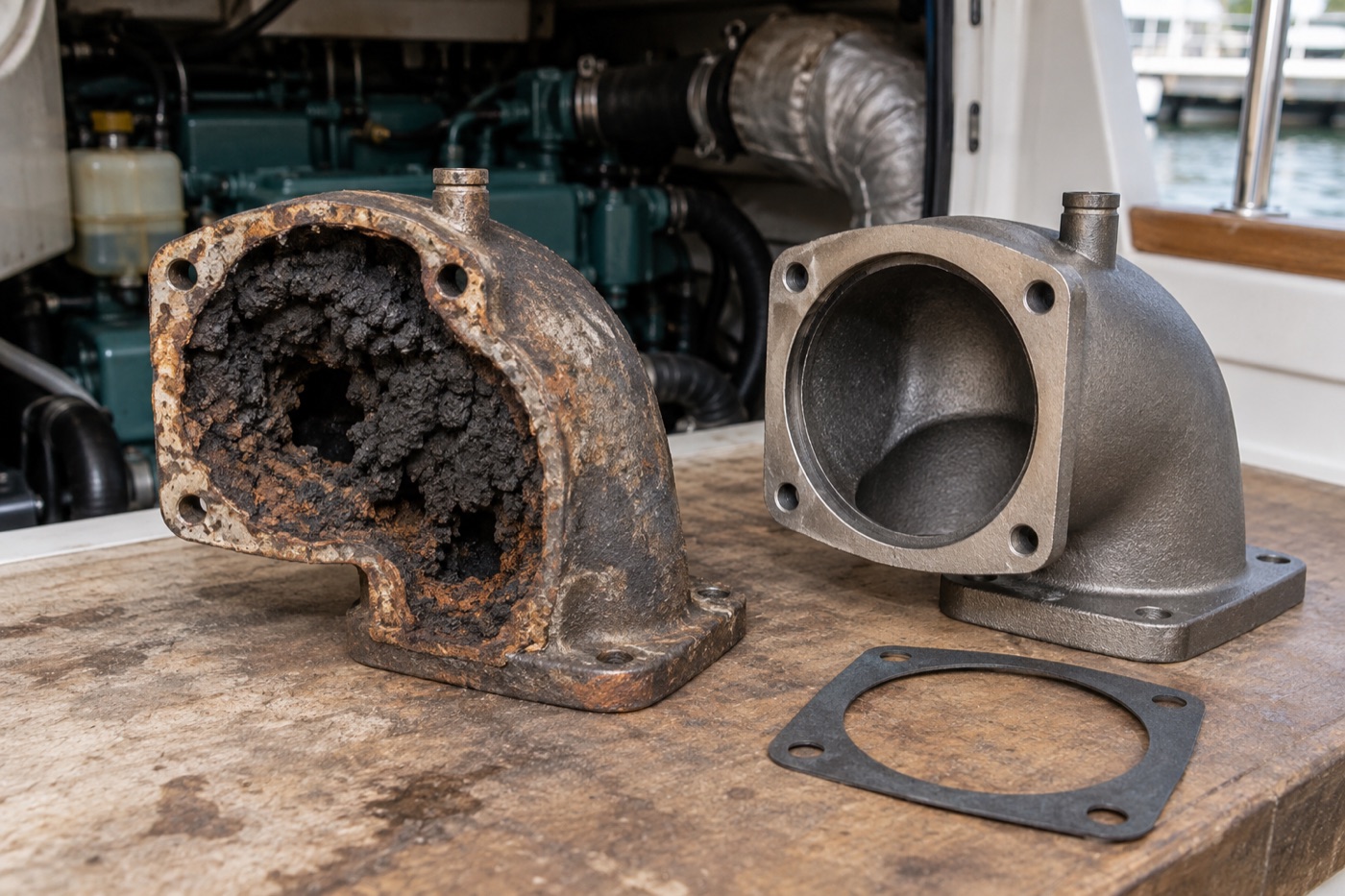Blocked marine exhaust elbow beside a clean replacement