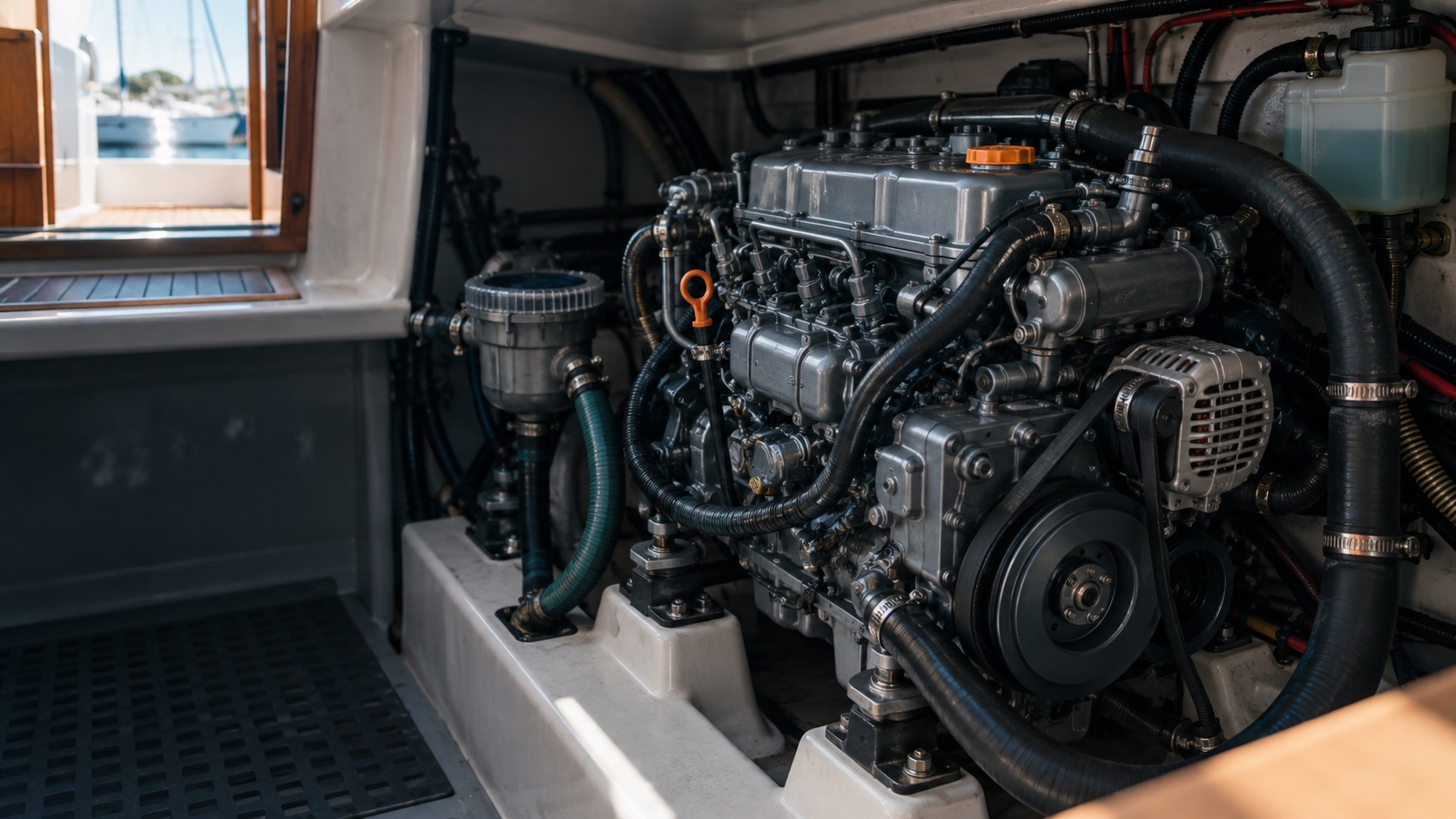 Compact inboard marine diesel engine installed in a yacht engine bay, with the alternator, drive belt, coolant reservoir, hoses and raw-water strainer visible.