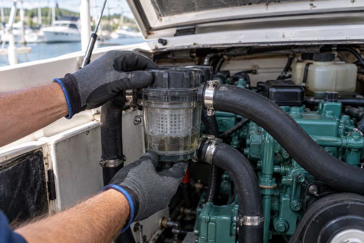 Gloved hands inspecting a marine engine raw-water strainer